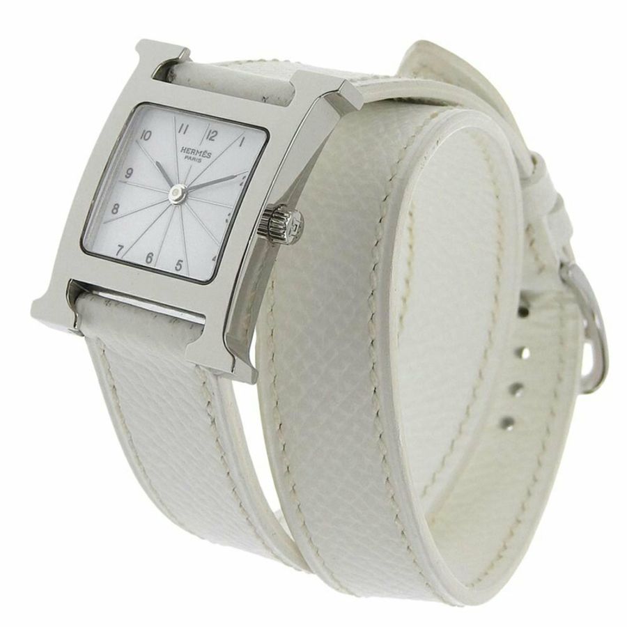 愛馬仕 HERMES H 手錶腕錶 HH1.210 不鏽鋼 x 皮革 2005 石英模擬顯示 白色錶盤 女士-1
