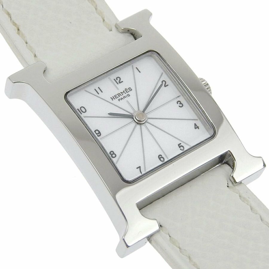 愛馬仕 HERMES H 手錶腕錶 HH1.210 不鏽鋼 x 皮革 2005 石英模擬顯示 白色錶盤 女士-2
