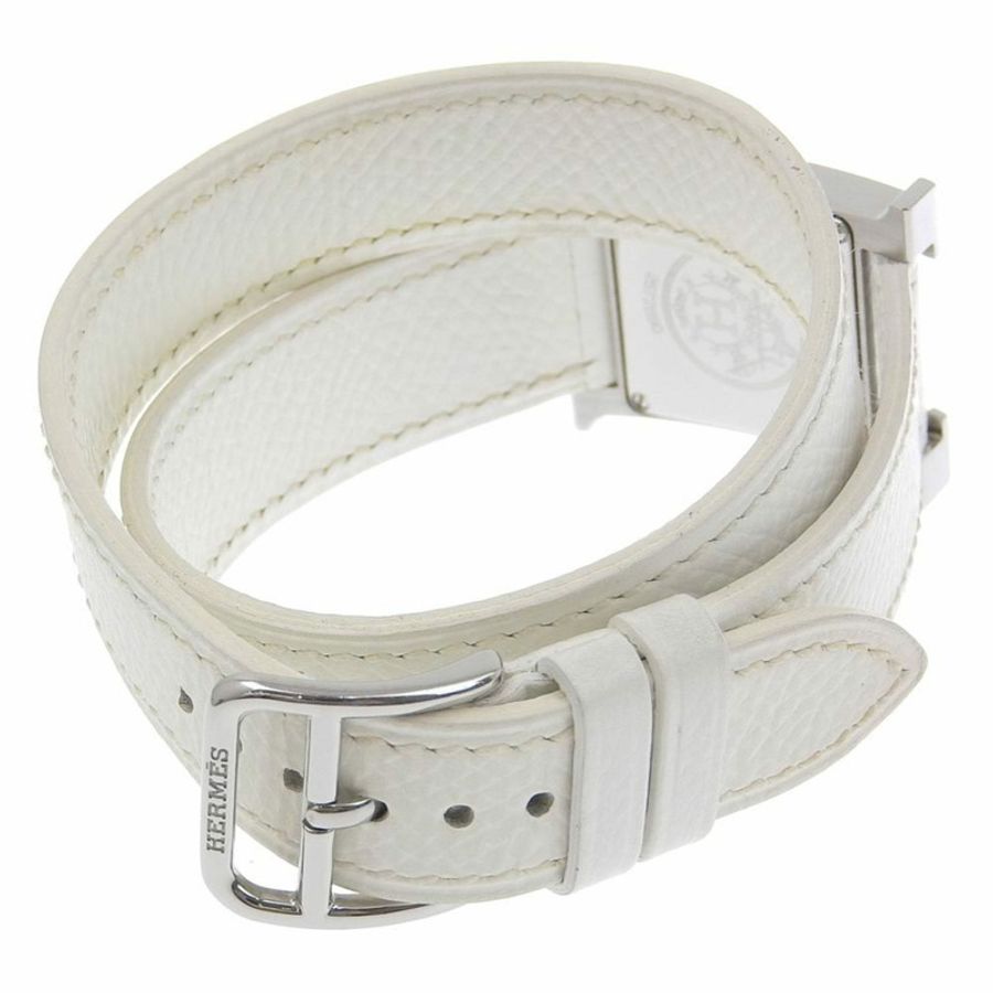 愛馬仕 HERMES H 手錶腕錶 HH1.210 不鏽鋼 x 皮革 2005 石英模擬顯示 白色錶盤 女士-3