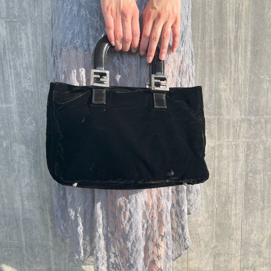 Fendi黑色高貴絨面皮革手柄手拿包手提袋 中古美品vintage-0