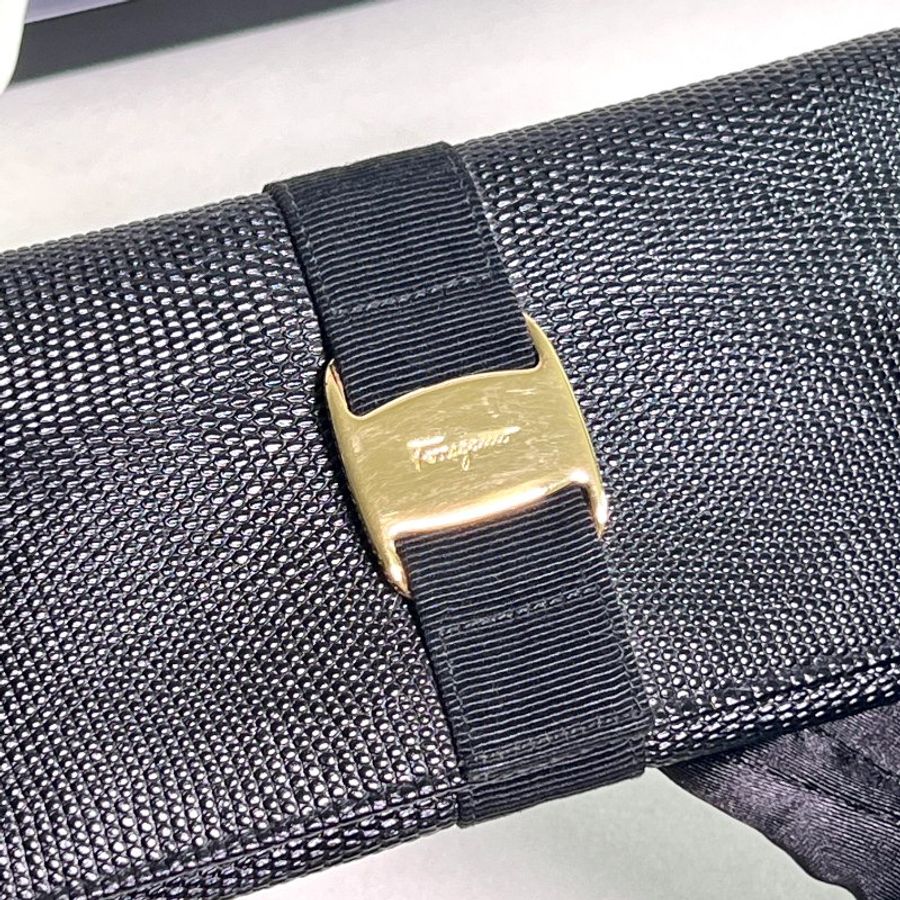 Ferragamo黑色紋理皮革長夾肩背手提斜肩包 日本中古Vintage-10