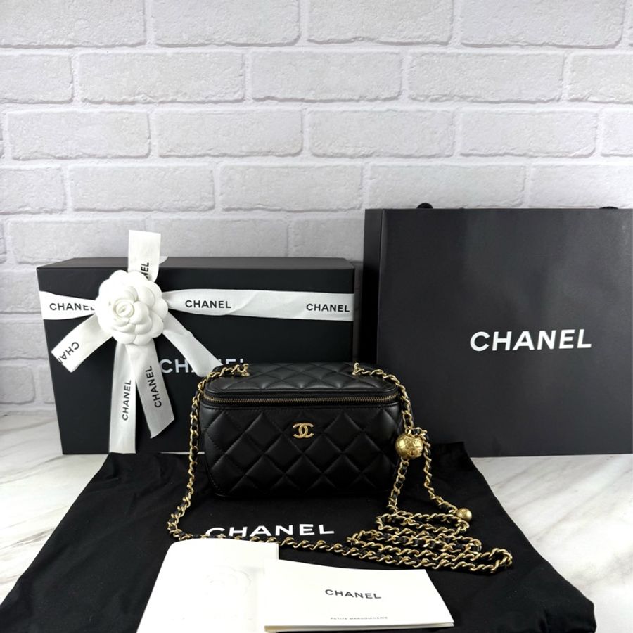 Chanel 香奈兒 23K 金球長盒子 黑色金鏈-0