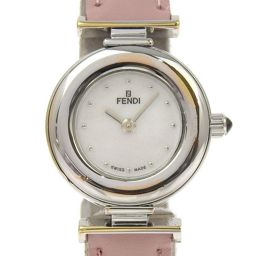 FENDI 手錶 320L 不鏽鋼 x 壓花皮革石英類比顯示白色貝殼錶盤女款-0