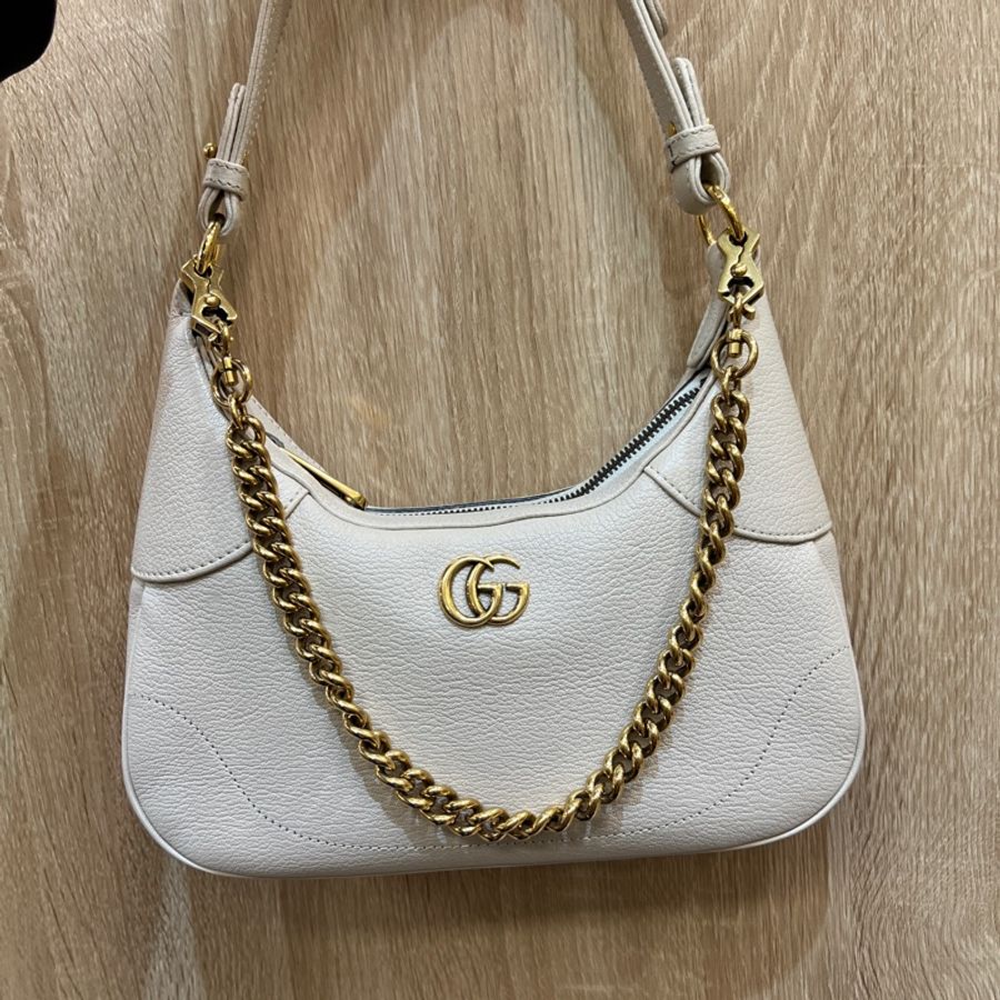 Gucci 淺灰牛皮Aphrodite霧金釦手提肩斜背彎月包-0