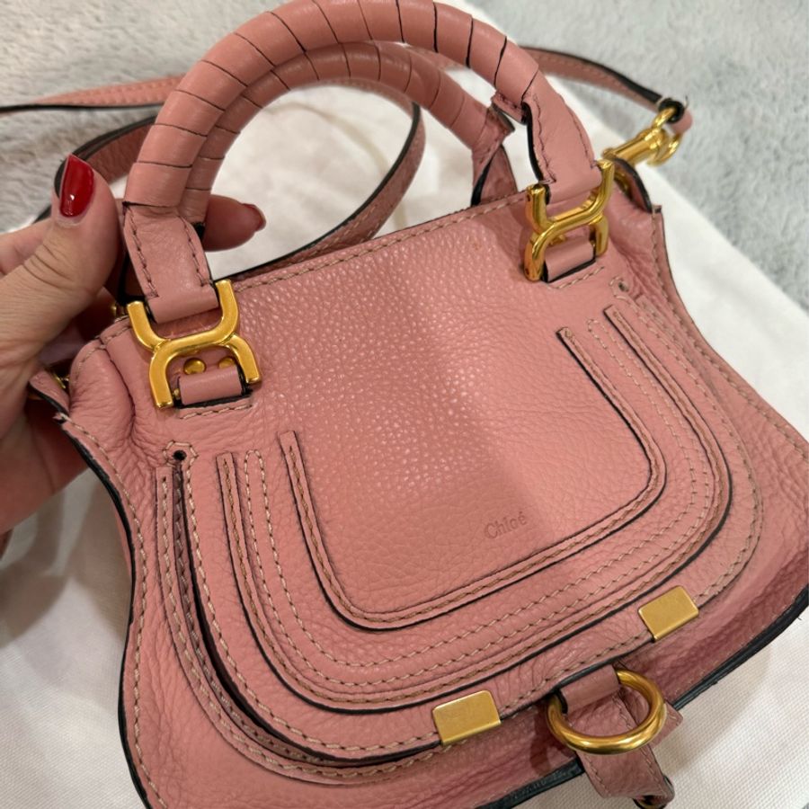 Chloe Marcie 近全新 粒面牛皮翻蓋迷你馬鞍斜背包 粉紅色-1
