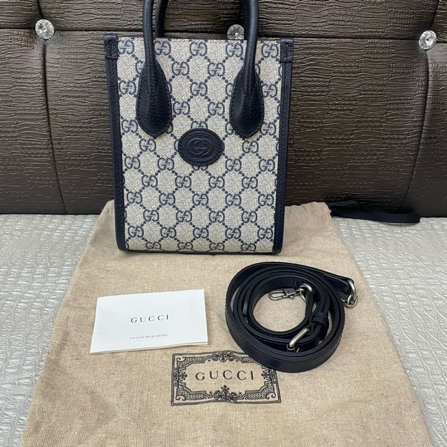 Gucci PVC深藍牛皮邊手提斜背琴譜包-0