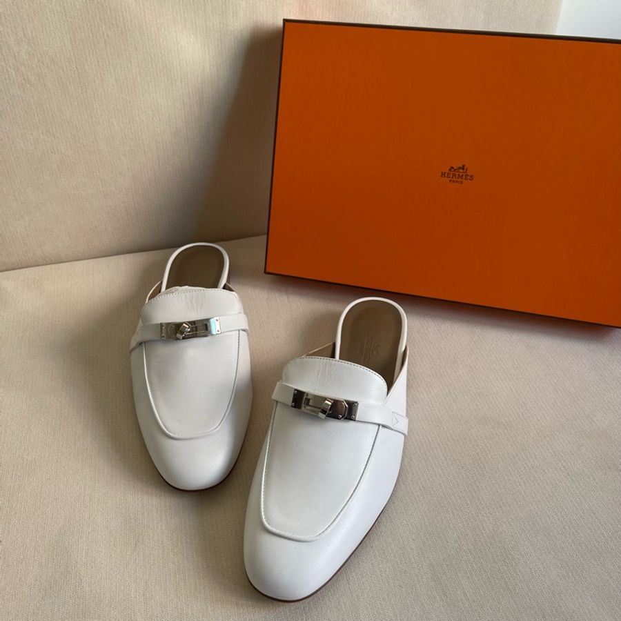 全新 現貨🔥Hermes Oz Mule Kelly 半拖 皮鞋 拖鞋👞 白色38-0