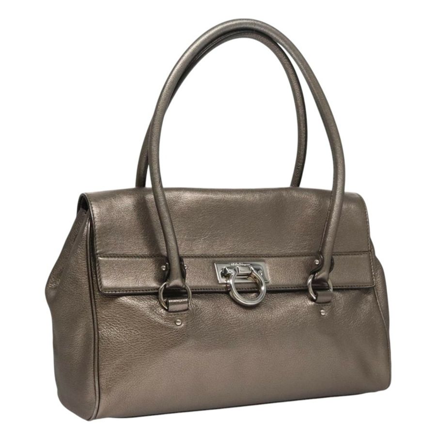 【日本直送】Salvatore Ferragamo Gancini 手提包 皮革 銀色 Auth kk412-0