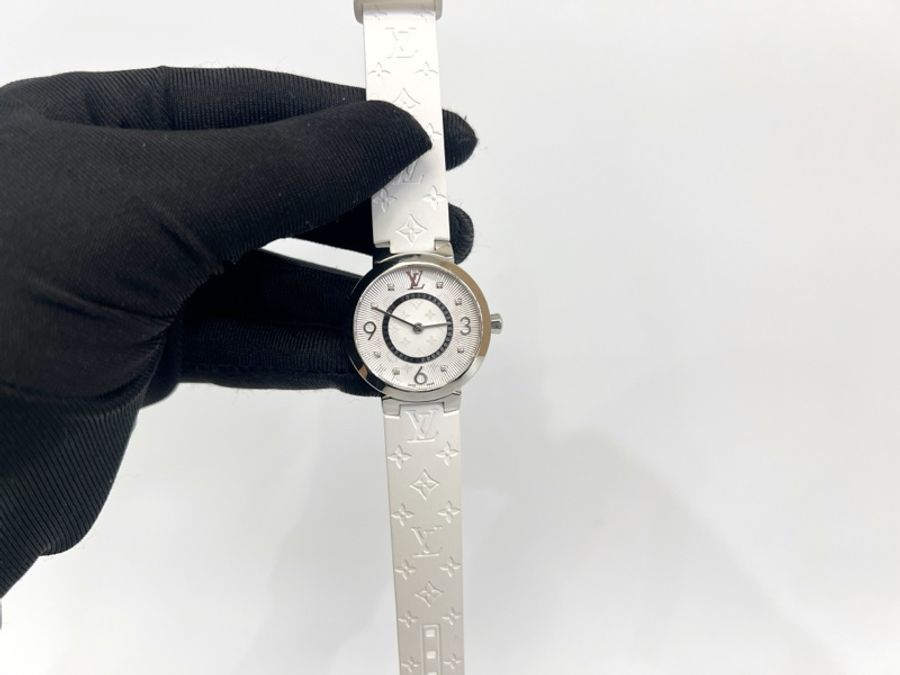 LV 白錶盤精鋼錶殼TambourSlim 28白矽膠錶帶8點鑽石英錶Q012MGZ-0