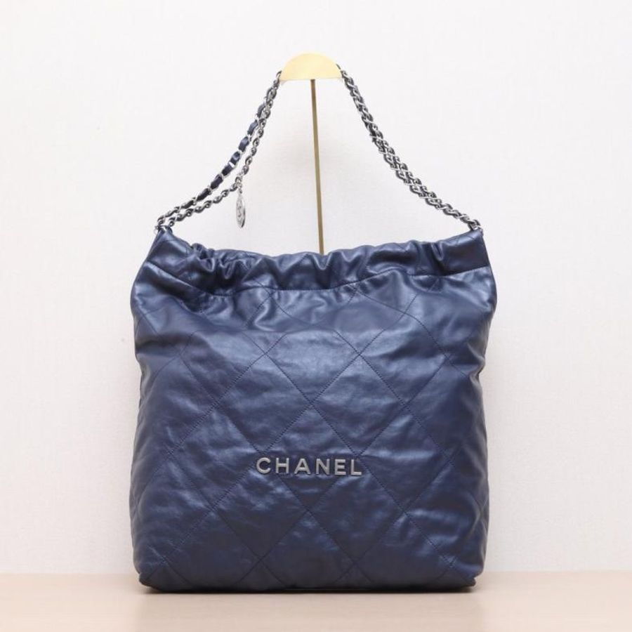 CHANEL(香奈兒) 22Bag Tote托特包 大號 37cm 墨藍色  晶片開 銀扣-0