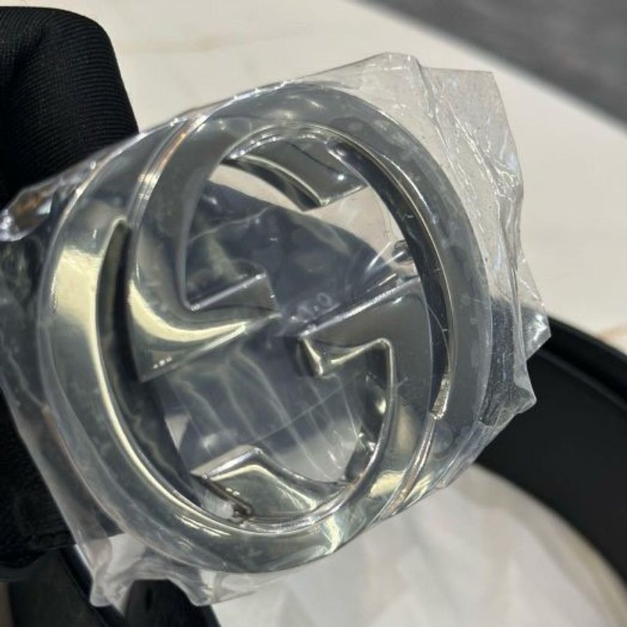 *SHIHNA名牌精品*GUCCI 411924 黑灰老花帆布銀扣皮帶-1