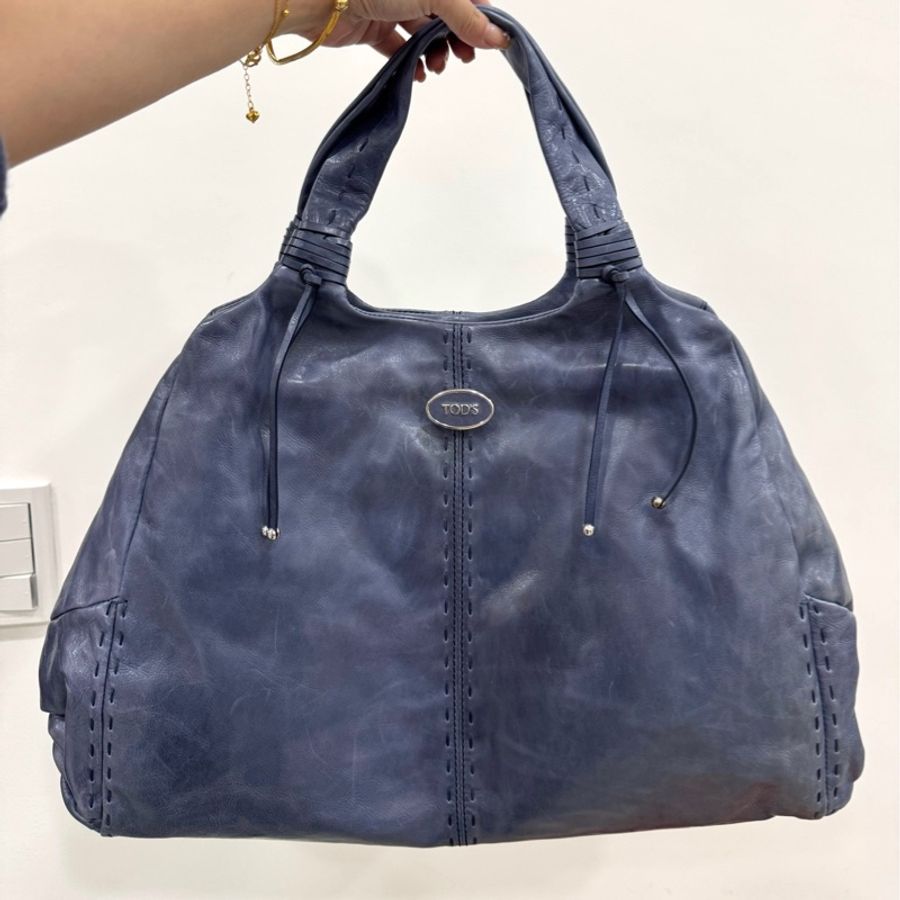 TODS 藍色 油亮 復古牛皮 手提包 購物包 購物袋 托特包 肩背包 側背包-0