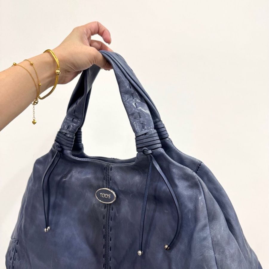 TODS 藍色 油亮 復古牛皮 手提包 購物包 購物袋 托特包 肩背包 側背包-2
