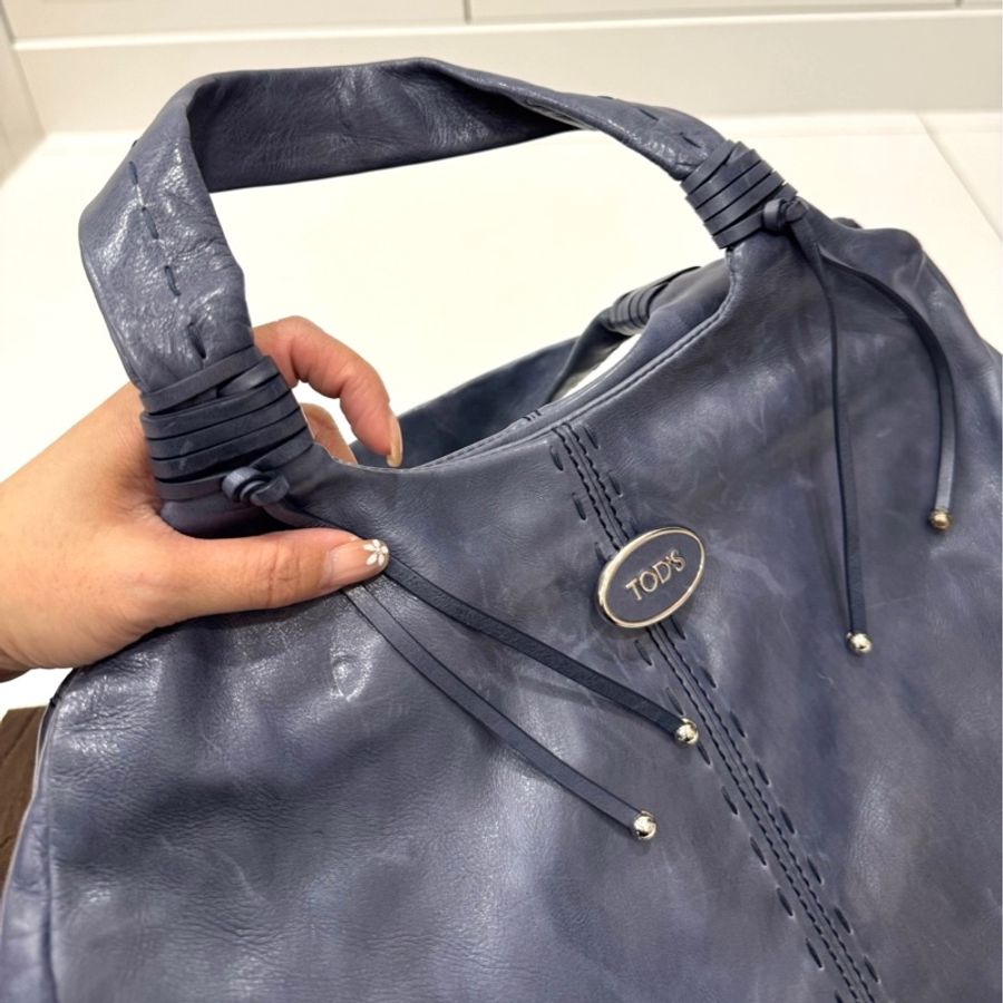TODS 藍色 油亮 復古牛皮 手提包 購物包 購物袋 托特包 肩背包 側背包-5