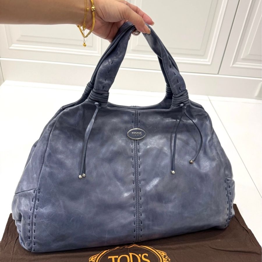 TODS 藍色 油亮 復古牛皮 手提包 購物包 購物袋 托特包 肩背包 側背包-6