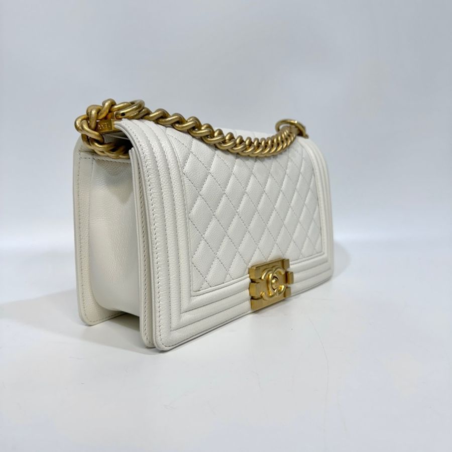 Chanel白色荔枝牛皮金釦BOY25下蓋側背包A67086-2