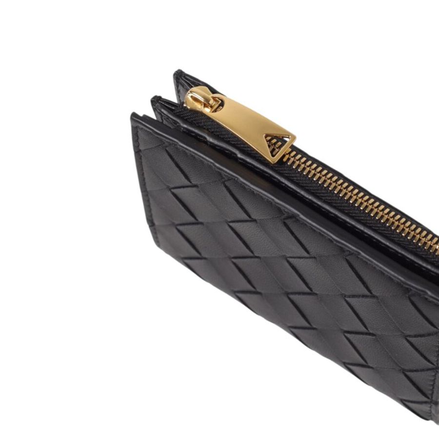 【BOTTEGA VENETA 寶緹嘉】BV Intrecciato Small Bi-Fold 編織皮革 拉鍊 卡夾 皮夾 短夾 黑色 742330-1