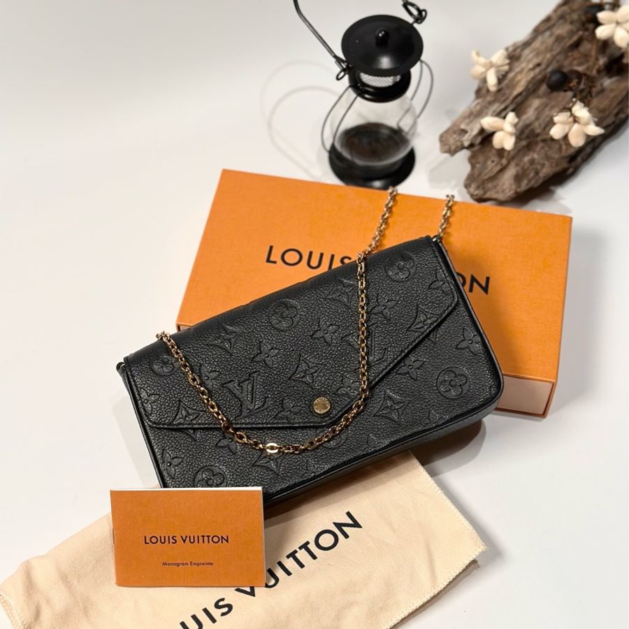 LV LOUIS VUITTON 中古復古古董 黑色牛皮 壓紋logo 三合一 鏈帶包 信封包-0