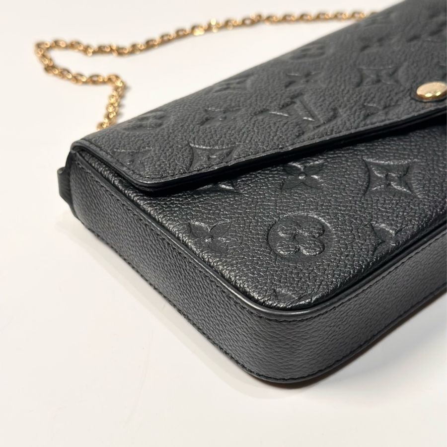 LV LOUIS VUITTON 中古復古古董 黑色牛皮 壓紋logo 三合一 鏈帶包 信封包-3