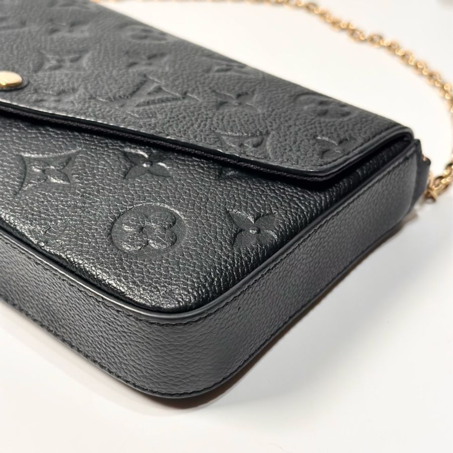 LV LOUIS VUITTON 中古復古古董 黑色牛皮 壓紋logo 三合一 鏈帶包 信封包-4