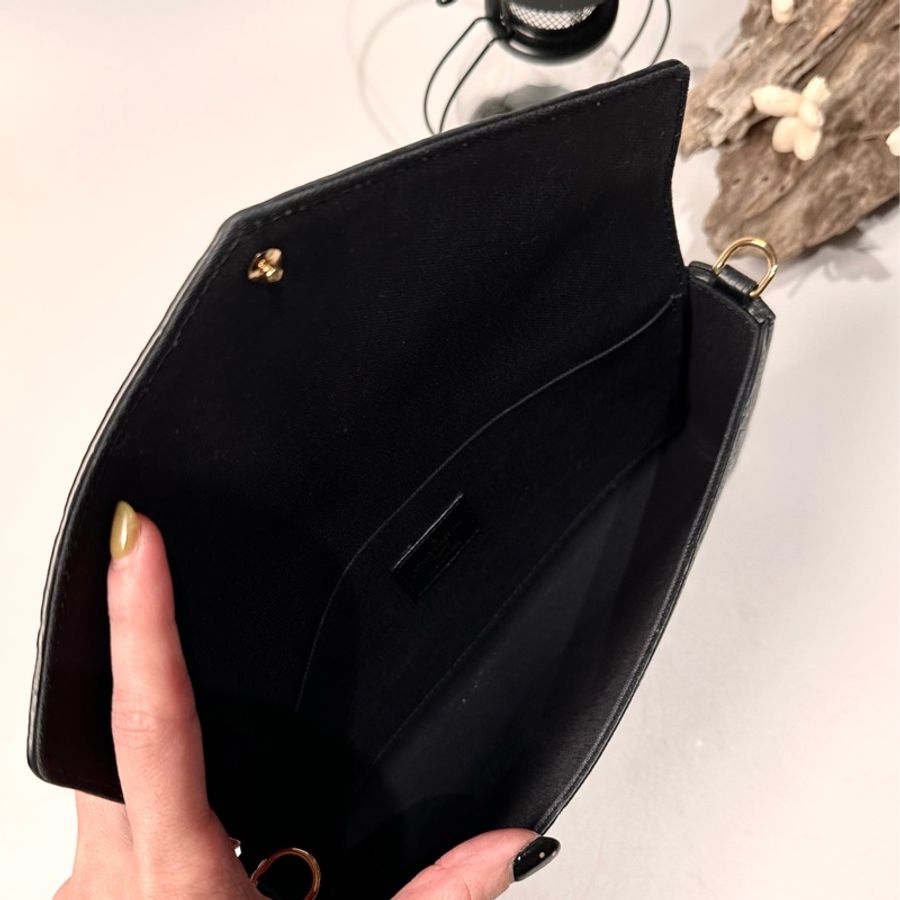 LV LOUIS VUITTON 中古復古古董 黑色牛皮 壓紋logo 三合一 鏈帶包 信封包-5