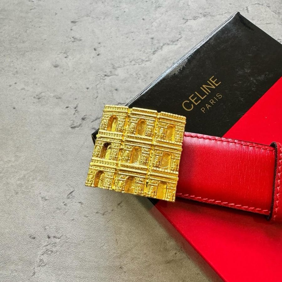中古未使用品 Celine 凱旋門扣 紅色皮帶 65cm-2