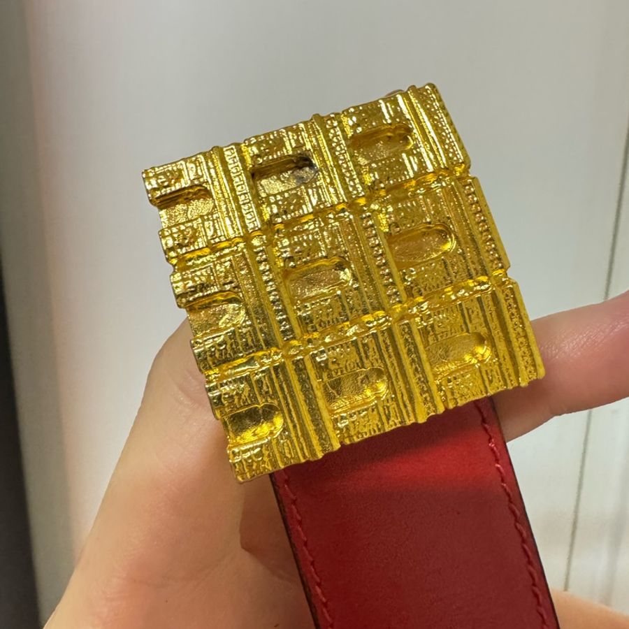 中古未使用品 Celine 凱旋門扣 紅色皮帶 65cm-9
