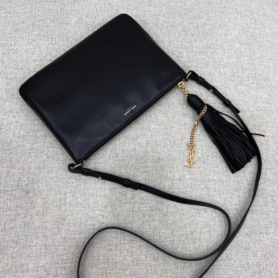 YSL YVES SAINT LAURENT 聖羅蘭 黑色 流蘇 斜背包 肩背包 側背包 手提包-0
