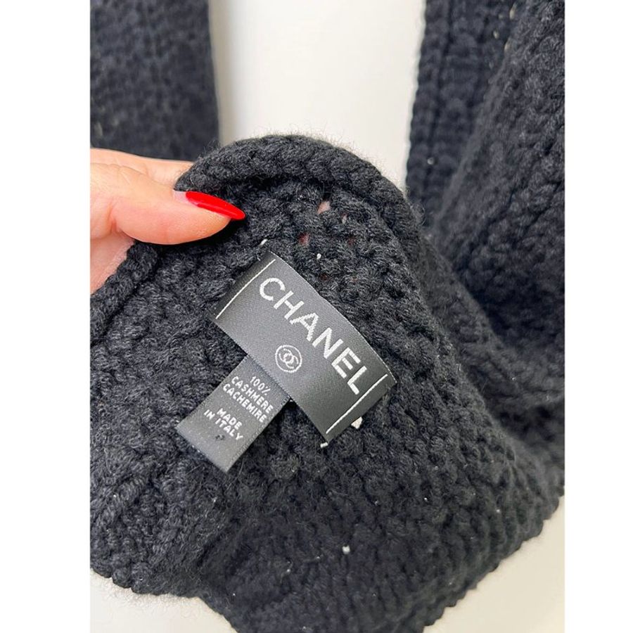 CHANEL 黑色銀鍊大CC厚羊絨圍巾-9