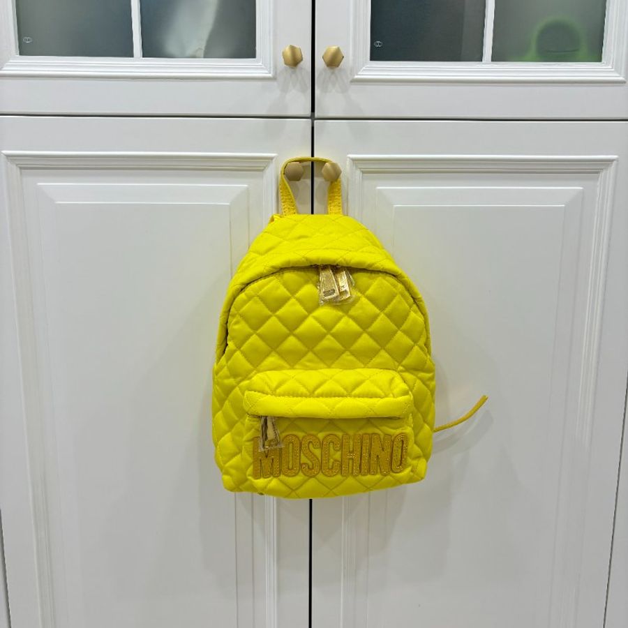 MOSCHINO 黃色 菱格紋縫線 漆皮LOGO 尼龍 雙肩包 肩背包 後背包 手提包-6