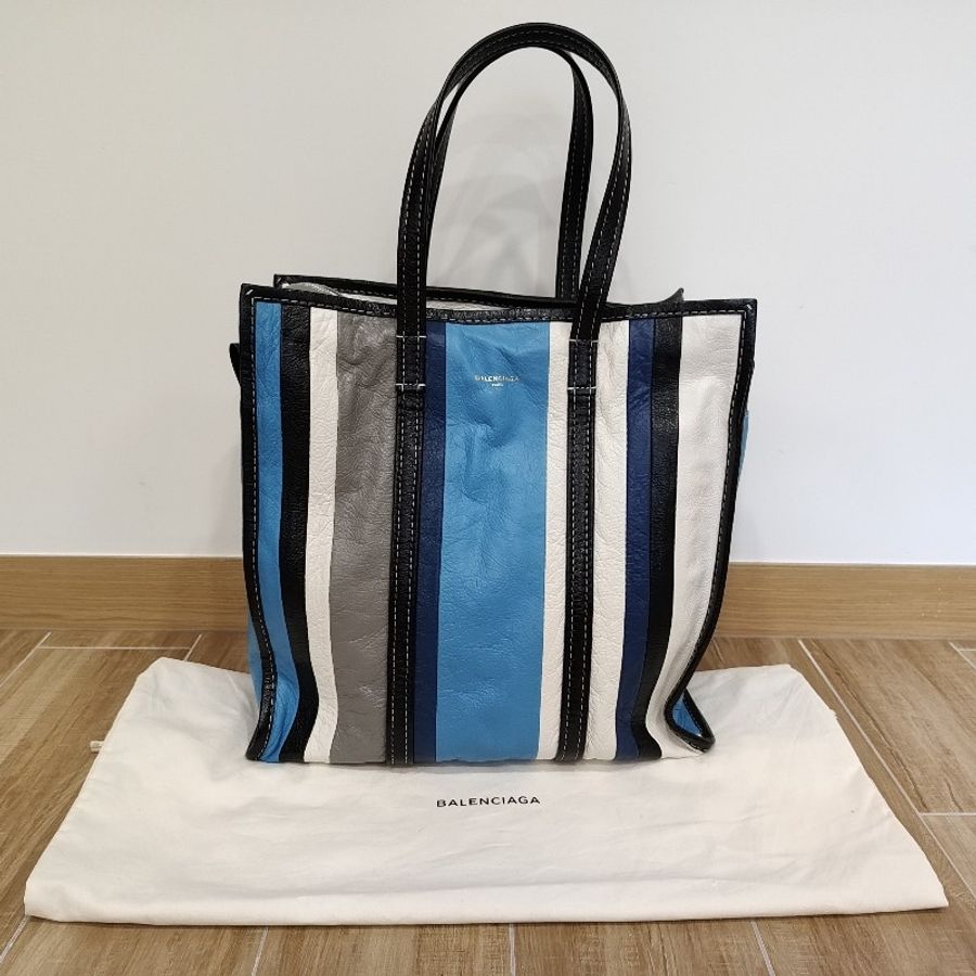 Balenciaga 443097 巴黎世家 藍色黑色白色 水洗皺褶小羊皮 條紋 Bazar M book tote 手提包旅行袋電腦包托特包民工包垃圾袋垃圾包肩背包購物包 全新-5