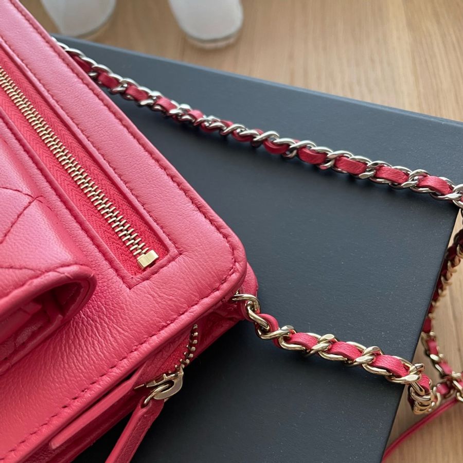 Chanel 專櫃正品Trendy Chain Clutch珊瑚粉雙色 金銀鏈 菱格雙色鍊包 woc-1