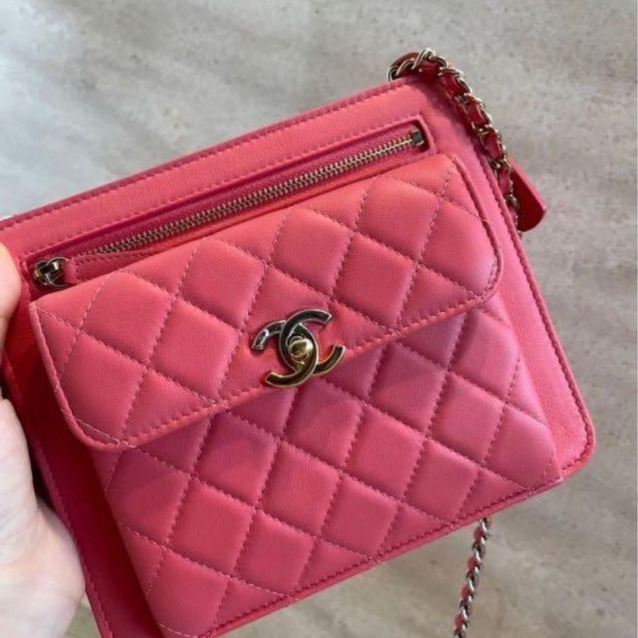 Chanel 專櫃正品Trendy Chain Clutch珊瑚粉雙色 金銀鏈 菱格雙色鍊包 woc-5
