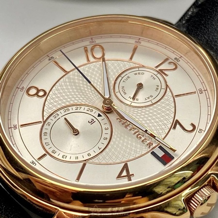 TommyHilfiger手錶,編號TH00027,38mm玫瑰金圓形精鋼錶殼,白色雙眼錶面,深黑色真皮皮革錶帶款-1