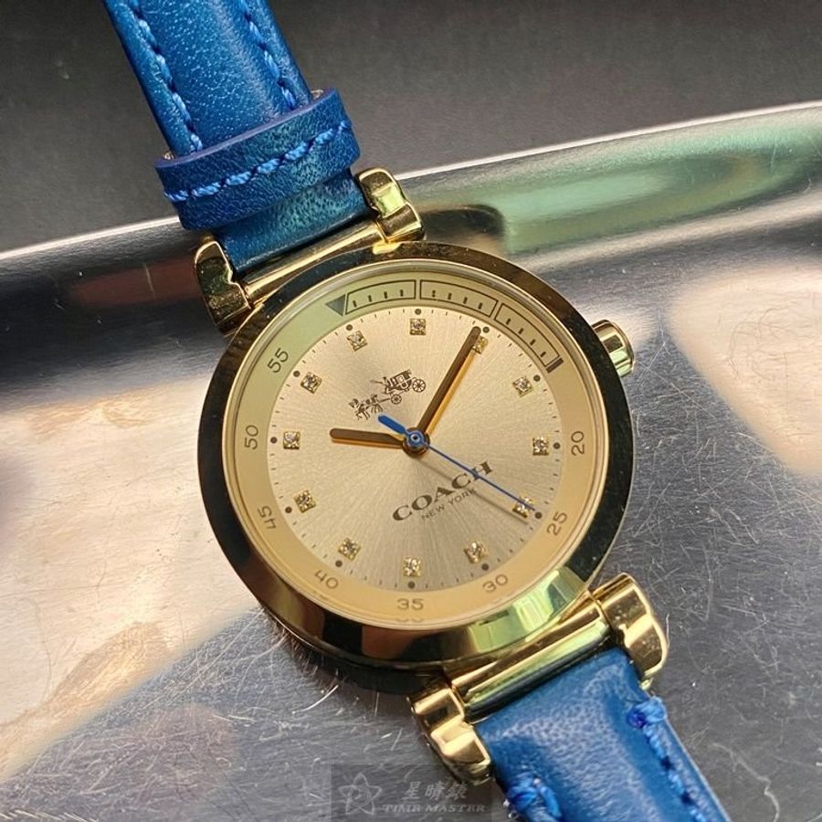 COACH手錶,編號CH00047,30mm金色圓形精鋼錶殼,金色簡約錶面,寶藍真皮皮革錶帶款-1