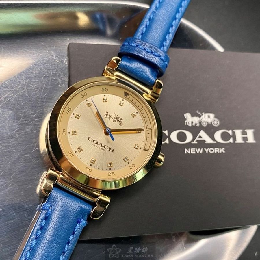 COACH手錶,編號CH00047,30mm金色圓形精鋼錶殼,金色簡約錶面,寶藍真皮皮革錶帶款-3