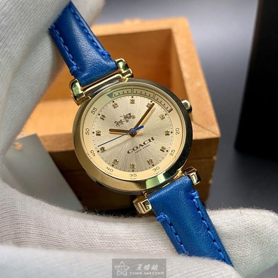 COACH手錶,編號CH00047,30mm金色圓形精鋼錶殼,金色簡約錶面,寶藍真皮皮革錶帶款-4