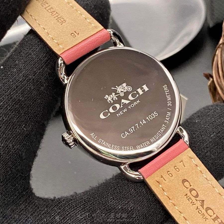 COACH手錶,編號CH00152,36mm銀圓形精鋼錶殼,白色簡約, 中三針顯示錶面,粉紅真皮皮革錶帶款-4