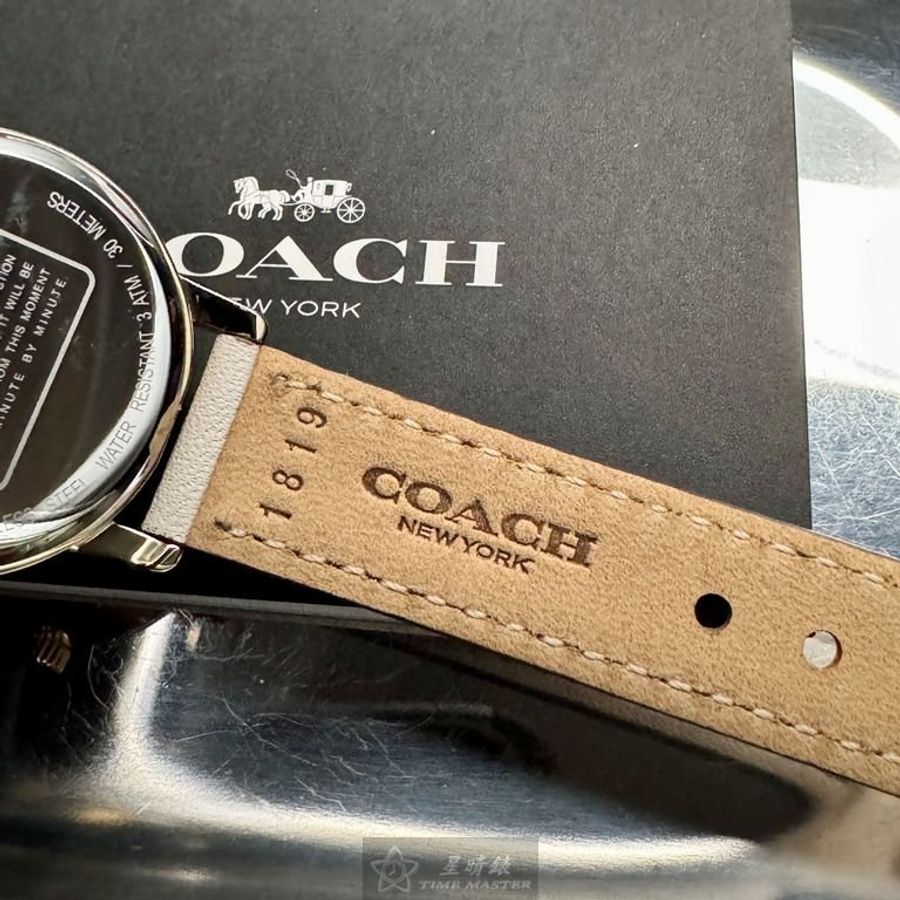 COACH手錶,編號CH00207,28mm金色圓形精鋼錶殼,粉紅中三針顯示, 山茶花錶面,米黃真皮皮革錶帶款-4