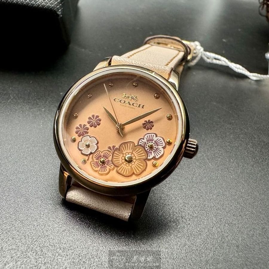 COACH手錶,編號CH00207,28mm金色圓形精鋼錶殼,粉紅中三針顯示, 山茶花錶面,米黃真皮皮革錶帶款-8