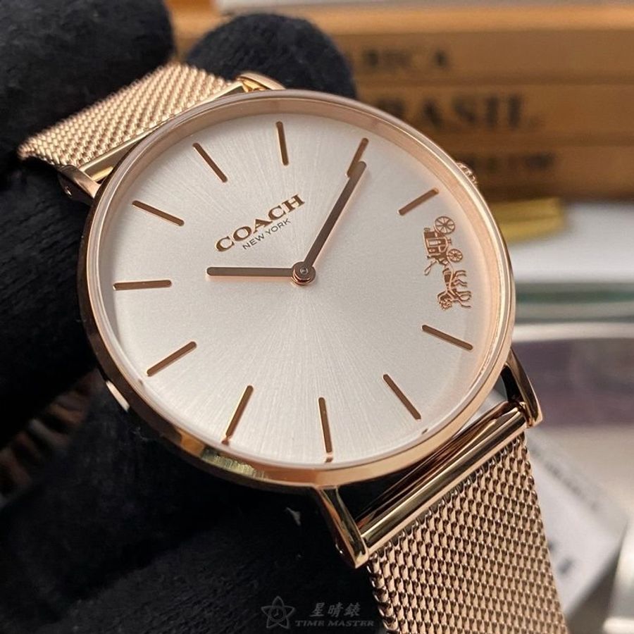 COACH手錶,編號CH00113,36mm玫瑰金圓形精鋼錶殼,白色簡約, 中二針顯示錶面,玫瑰金色米蘭錶帶款-0