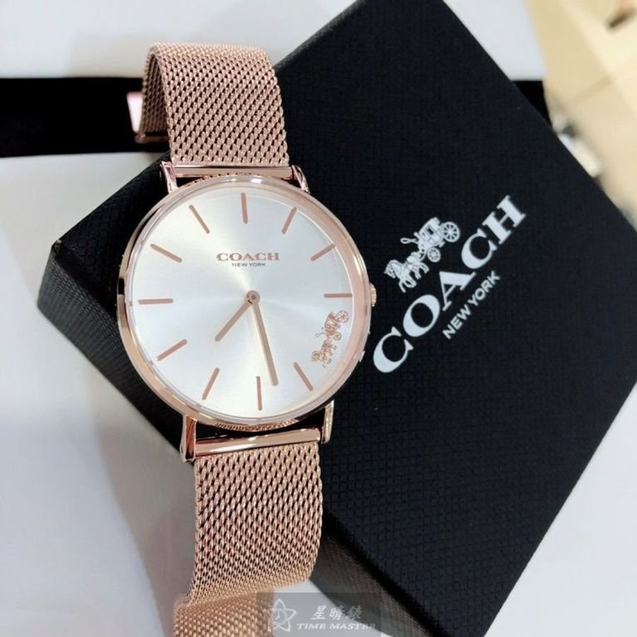 COACH手錶,編號CH00113,36mm玫瑰金圓形精鋼錶殼,白色簡約, 中二針顯示錶面,玫瑰金色米蘭錶帶款-1