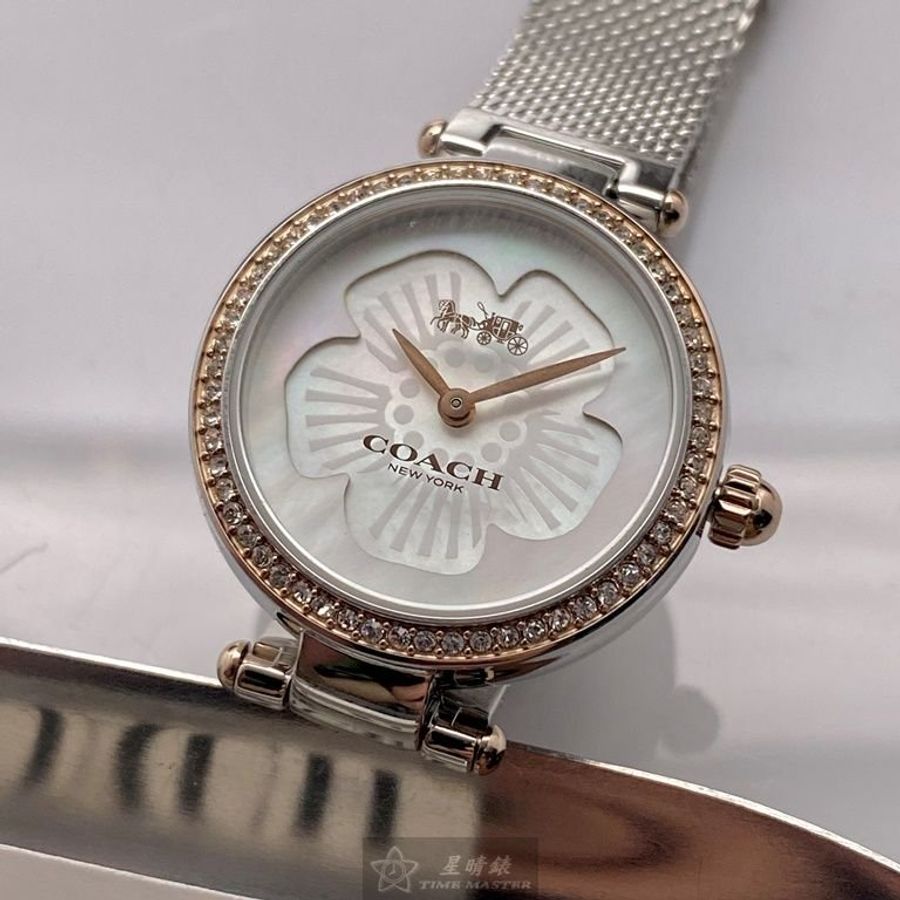 COACH手錶,編號CH00130,26mm玫瑰金圓形精鋼錶殼,白色簡約, 中二針顯示, 花瓣錶面,銀色米蘭錶帶款-12