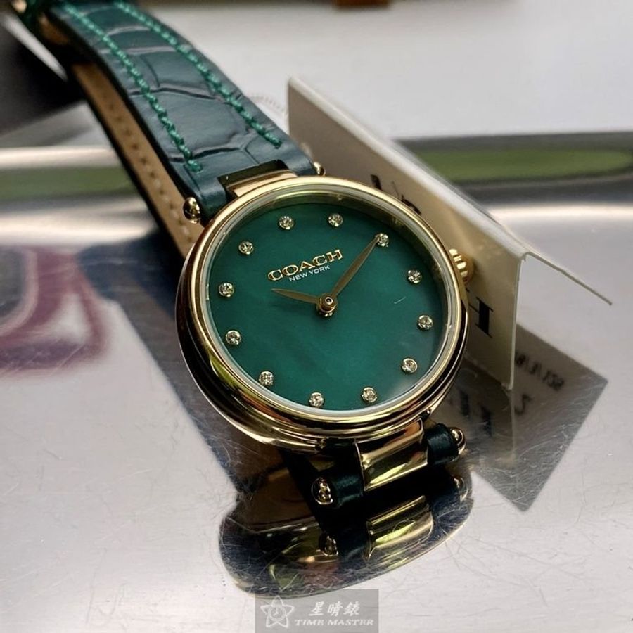 COACH手錶,編號CH00075,24mm金色圓形精鋼錶殼,藍綠色簡約, 中二針顯示, 貝母錶面,綠真皮皮革錶帶款-5