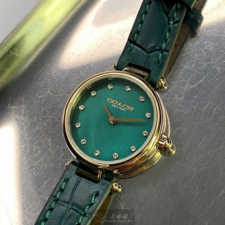 COACH手錶,編號CH00075,24mm金色圓形精鋼錶殼,藍綠色簡約, 中二針顯示, 貝母錶面,綠真皮皮革錶帶款-8