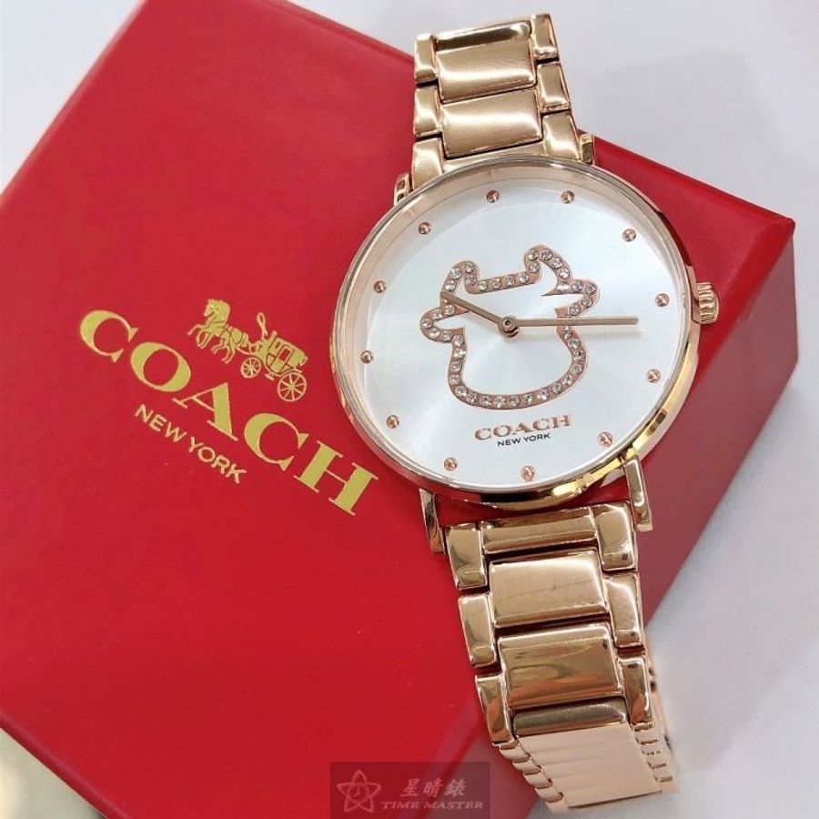 COACH蔻馳女錶,編號CH00018,36mm玫瑰金圓形精鋼錶殼,白色牛牛鑽錶面,玫瑰金色精鋼錶帶款,股市牛市好運到!-12