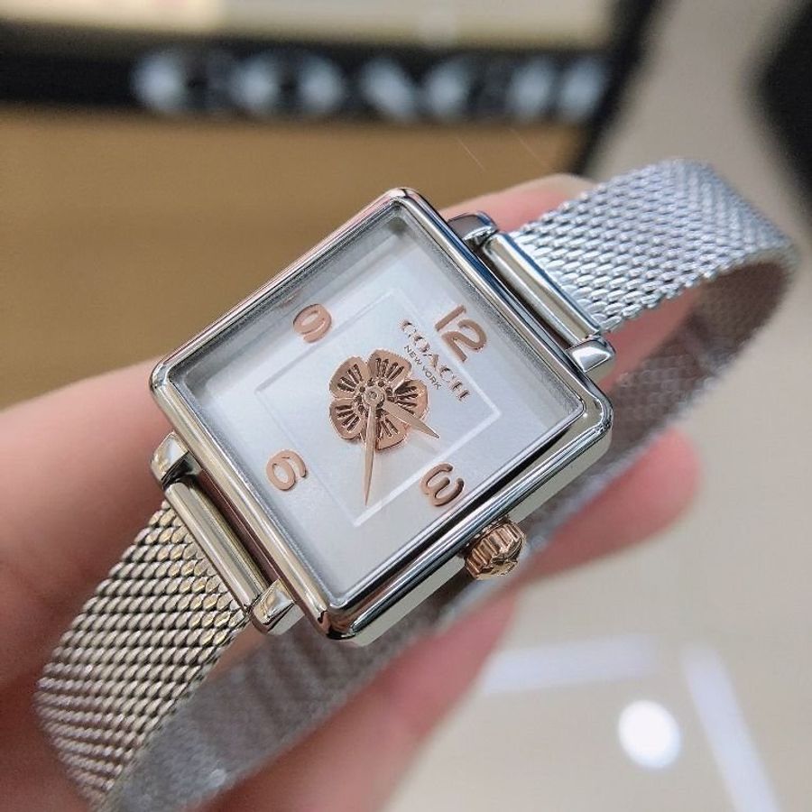 COACH手錶,編號CH00140,22mm銀方形精鋼錶殼,白色, 銀色簡約, 山茶花雕刻錶面,銀色米蘭錶帶款-4
