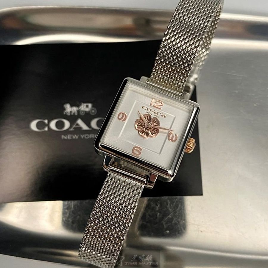 COACH手錶,編號CH00140,22mm銀方形精鋼錶殼,白色, 銀色簡約, 山茶花雕刻錶面,銀色米蘭錶帶款-8