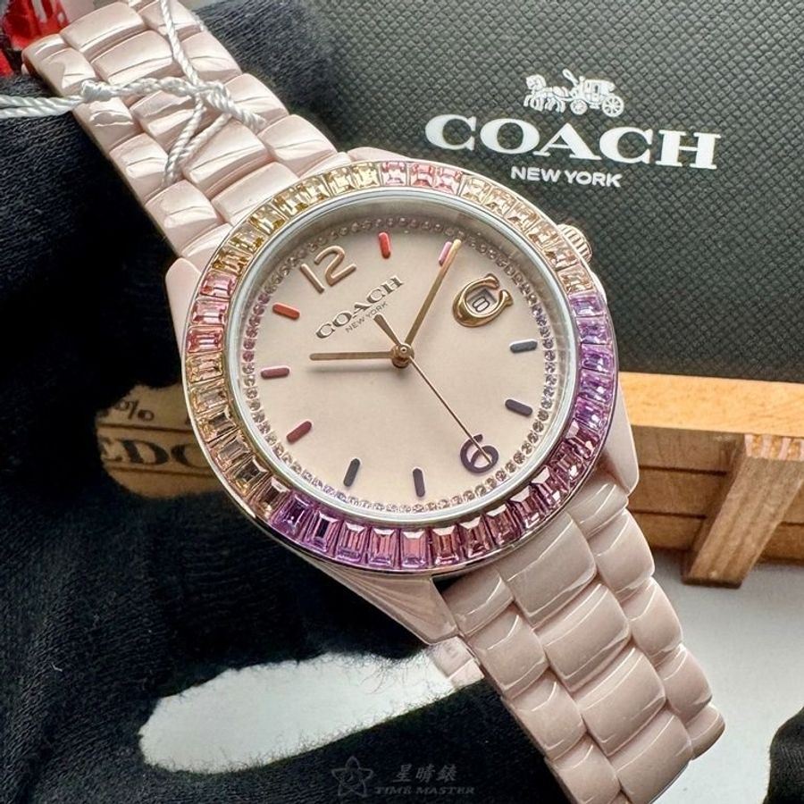 COACH手錶,編號CH00161,38mm粉紅圓形陶瓷錶殼,粉紅中三針顯示, 鑽圈錶面,粉紅陶瓷錶帶款,限量紫金鑽圈-10