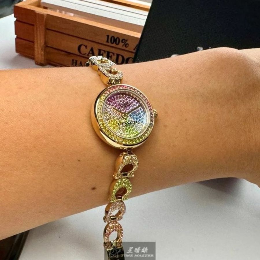 COACH手錶,編號CH00186,24mm金色圓形精鋼錶殼,彩虹滿天星中二針顯示, 彩虹滿天星錶面,彩虹精鋼錶帶款-8